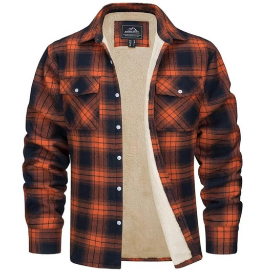 Orange-schwarzes kariertes Flanellhemd mit Fleece-Futter, Herrenmode, warm, langärmelig.