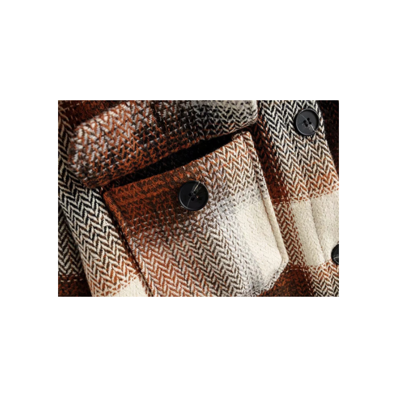 Nahaufnahme karierte Damenjacke, braun-beige, Knöpfe, Frühlingsmode, Streetwear-Look.