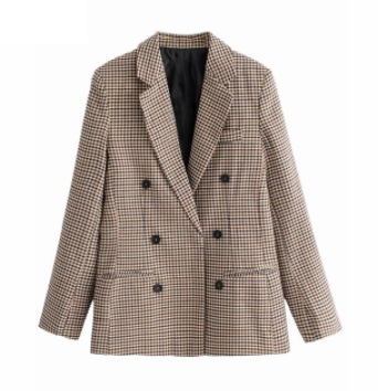 Kariertes Damenblazer, braun, zweireihig, modisch, elegant, Herbstmode, Business-Look.