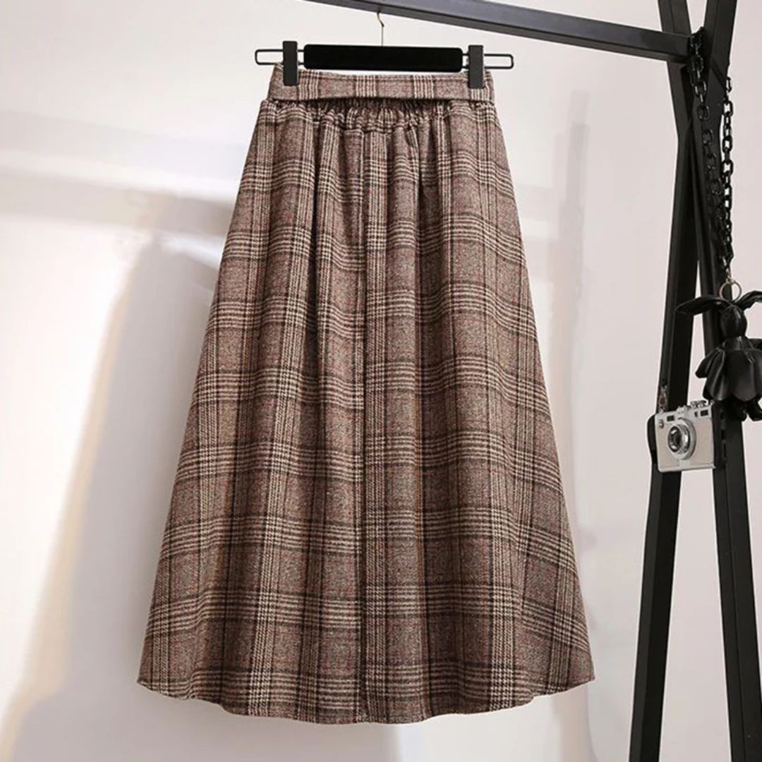 Brauner karierter Midirock aus Wolle, Damenmode, elegant, Herbst-Winter, Faltenrock.