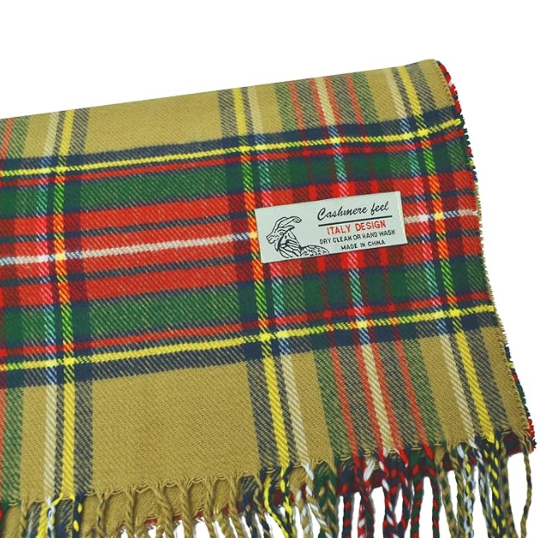 Kariertes Kaschmir-Feeling-Schal, gelb-rot-grün, Italienisches Design, Fransen, Made in China.