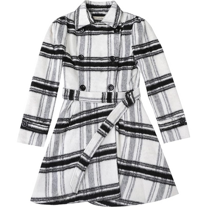 Weißer kariertem Mantel, Damenmode, Winterjacke, doppelte Knopfleiste, Gürtel, elegant
