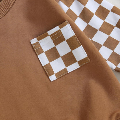 Braunes Langarmshirt mit kariertem Muster und Tasche, Baumwolle, Kinderkleidung, modisch