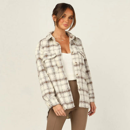 Damen Herbstjacke kariert beige-braun, lässig, Langarm, Knopfleiste, Mon Ami Mode.