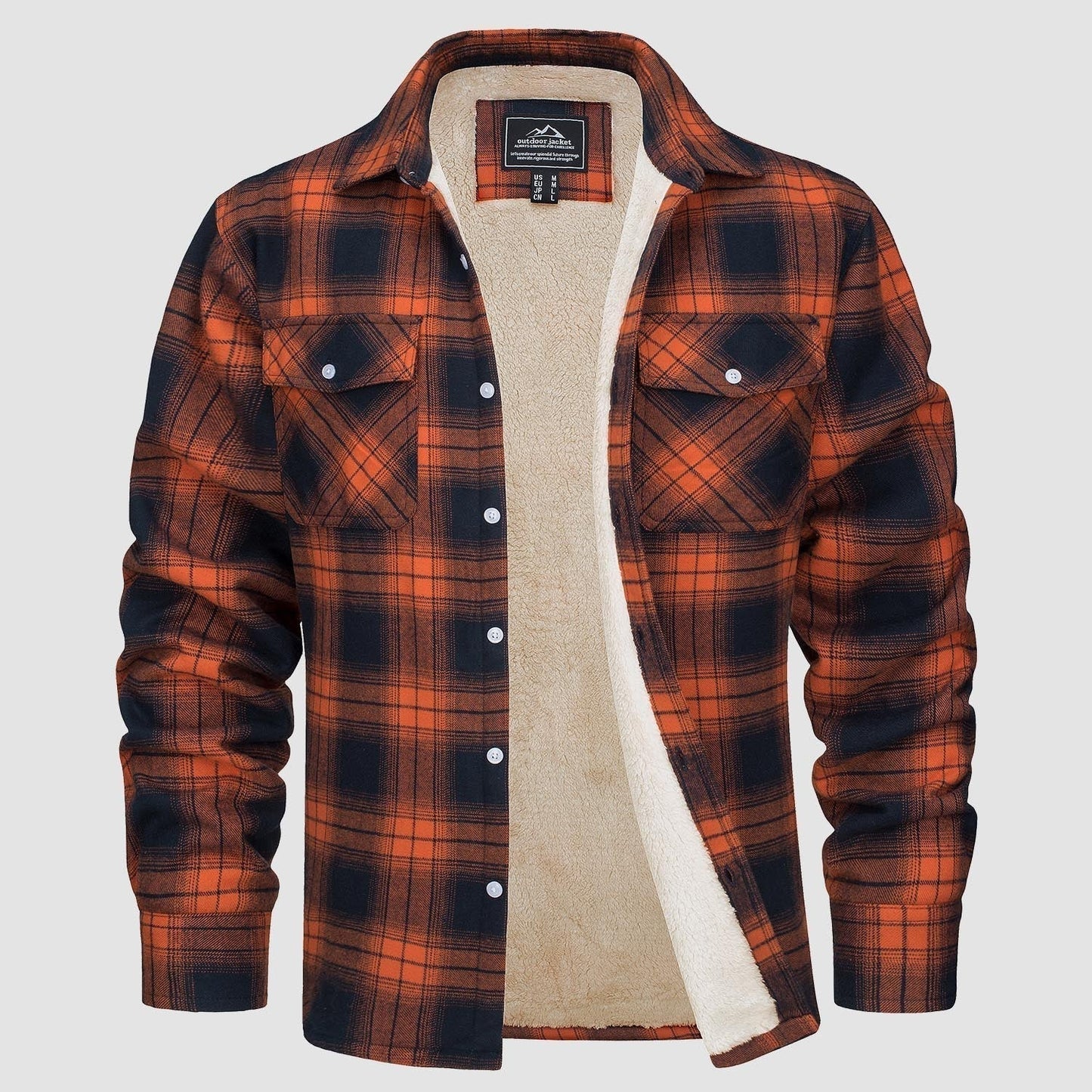 Orange-schwarzes kariertes Flanellhemd mit Fleece-Futter, Herrenmode, warm, langärmelig.