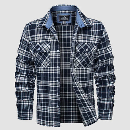 Herren Flanellhemd, langärmelig, kariert, Baumwolle, blau-weiß, Freizeit, zwei Brusttaschen.