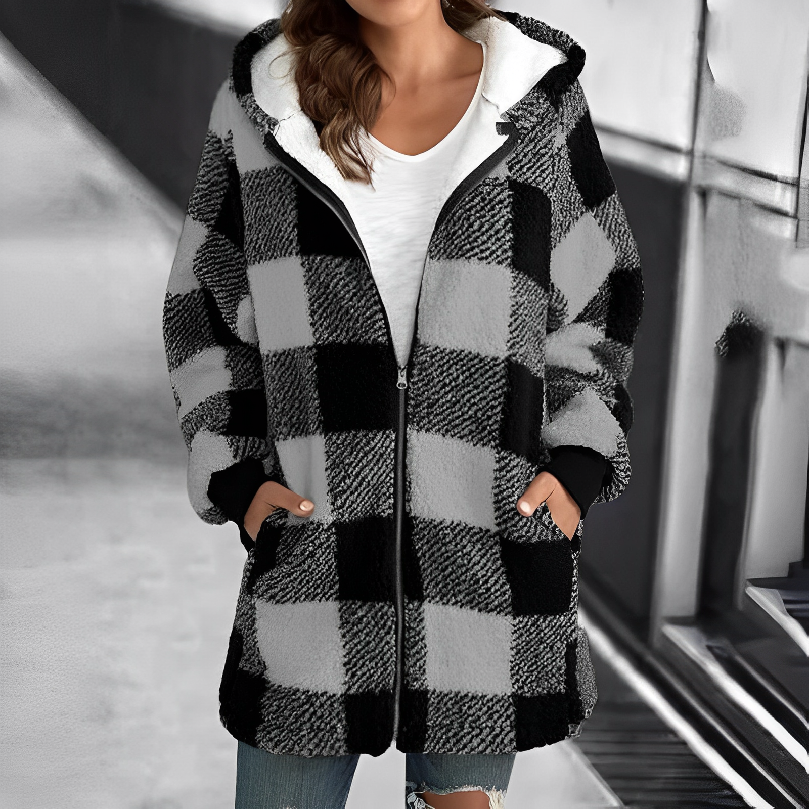Frau in kariertem Wintermantel mit Kapuze, schwarz-weiß, warm, modisch, draußen.