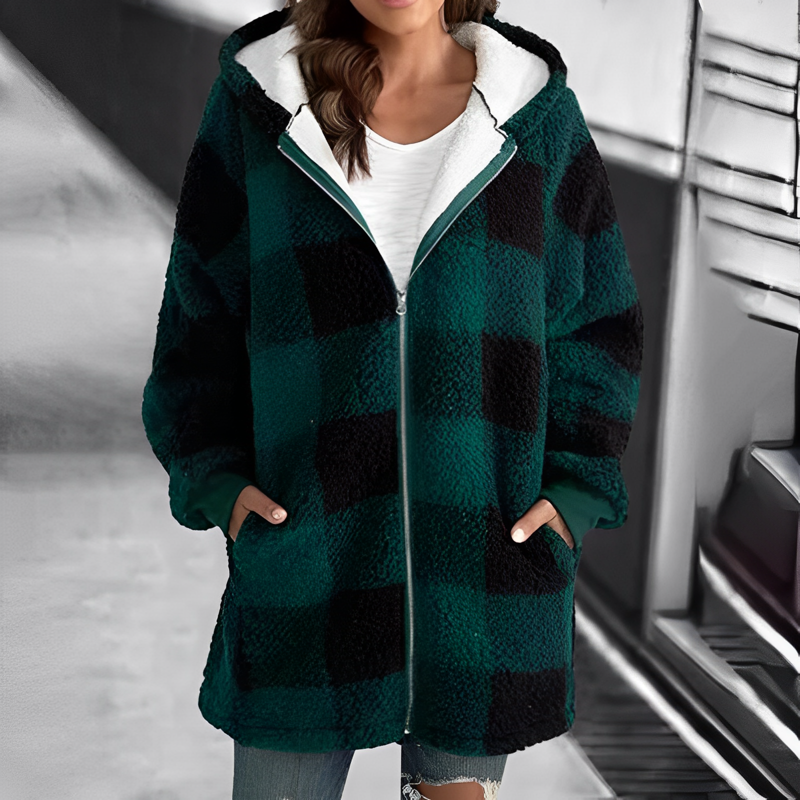 Frau in grün-schwarz kariertem Fleece-Mantel mit Kapuze, lässige Wintermode.