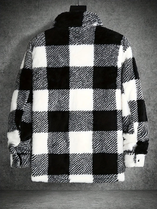 Schwarz-weiß karierte Fleecejacke, warm, modisch, Winterbekleidung, Herrenmode, kariertes Muster.