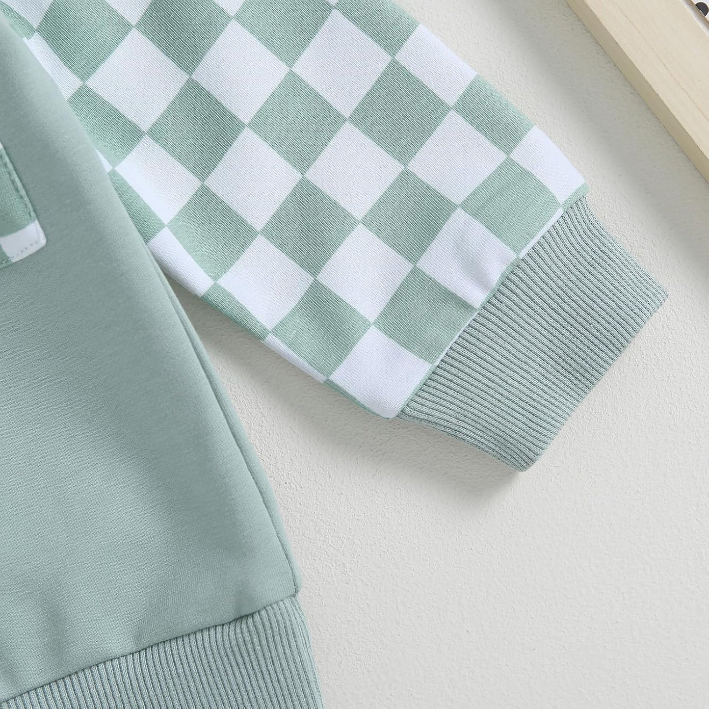 Grünes kariertes Sweatshirt-Ärmel, Baumwolle, Kinderkleidung, modisch, bequem.