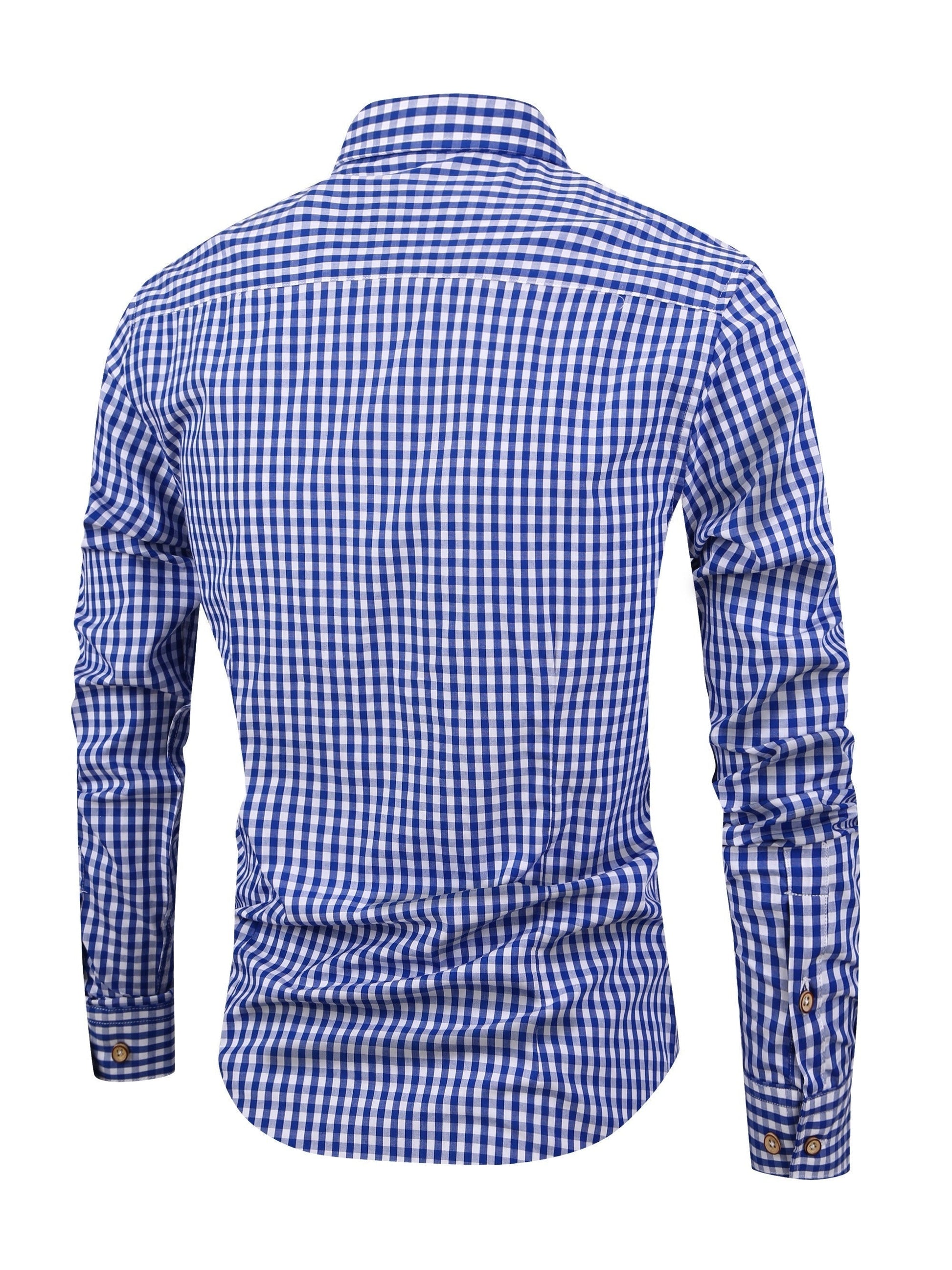 Blau-weiß kariertes Herrenhemd, langärmelig, Baumwolle, Freizeitmode, Rückansicht.