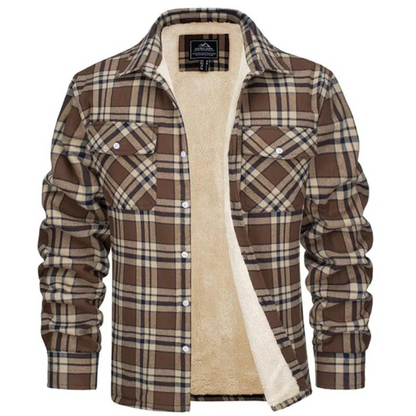 Braun kariertes Herrenhemd mit Fleece-Futter, Langarm, Knopfleiste, Freizeitmode.