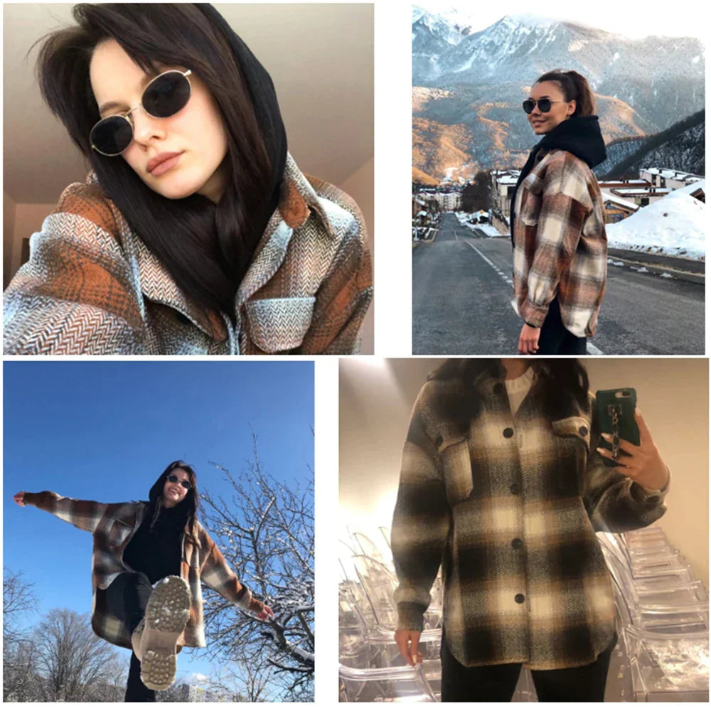 Frau in kariertem Flanellhemd, braun-beige, modisch, Winterkleidung, Outdoor, Sonnenbrille.