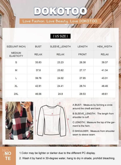 Größentabelle für Damenbluse, kariert, rot-schwarz, Baumwolle, Dokotoo, US-Größen S-2XL.