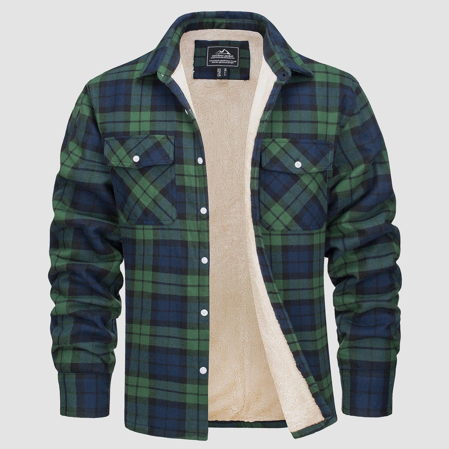 Grün-blau kariertes Herrenhemd mit Fleece-Futter, warm, langärmelig, Freizeitmode.