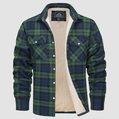 Grün-blau kariertes Herrenhemd mit Fleece-Futter, warm, langärmelig, Freizeitmode.