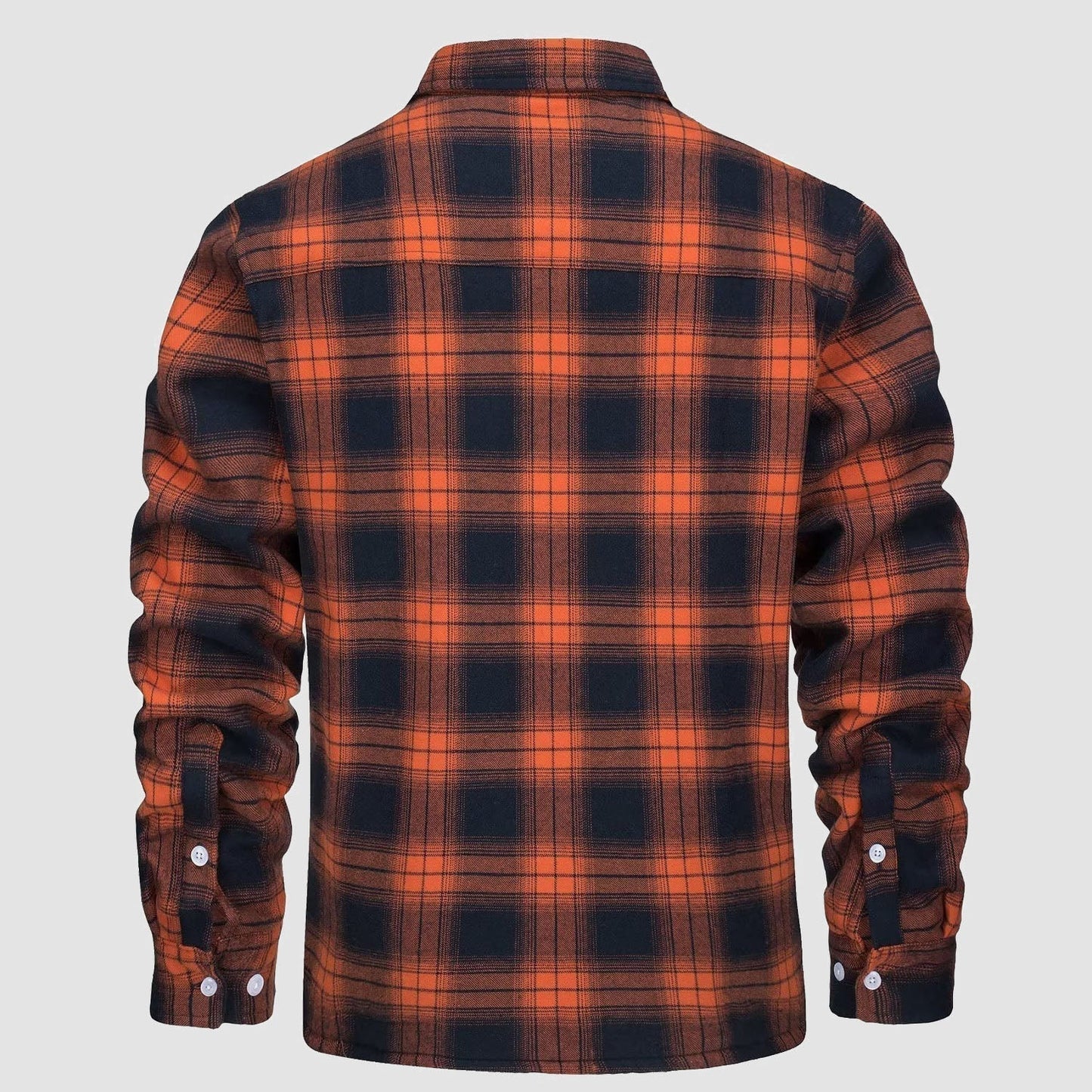 Orange-schwarzes kariertes Flanellhemd, langärmelig, Herrenmode, Rückansicht.