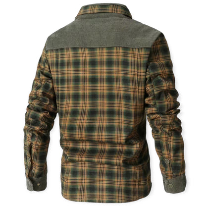 Grünes kariertes Herrenhemd aus Flanell, langärmelig, Freizeitmode, Rückansicht.