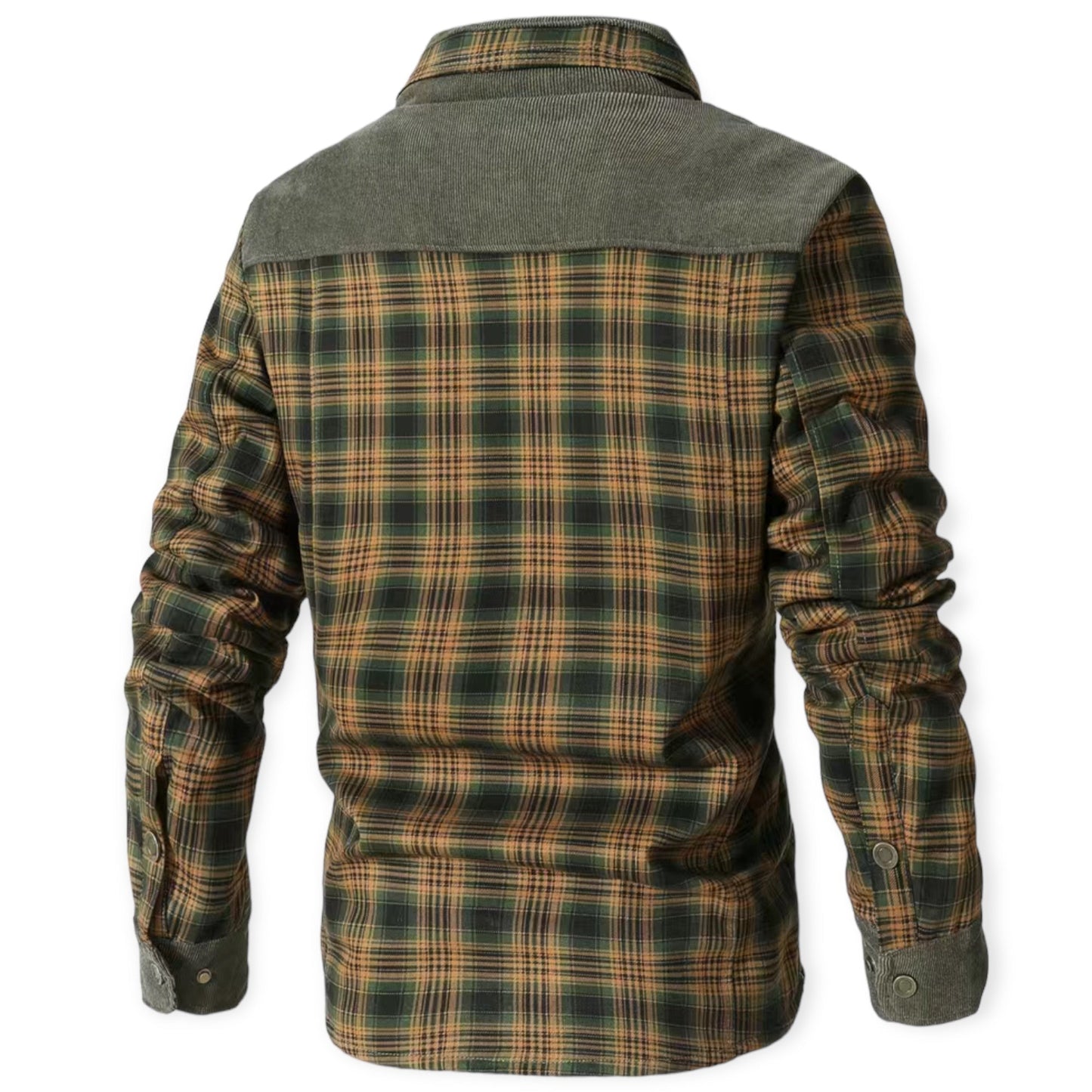 Grün-kariertes Herrenhemd aus Flanell, langärmelig, mit Corddetails, Rückansicht.
