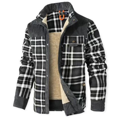 Schwarz-weiß karierte Herrenjacke, gefüttert, mit Knöpfen und Brusttasche, aus Baumwolle.