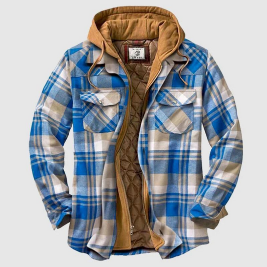 Blau-kariertes Herrenhemd mit Kapuze, gefüttert, Baumwolle, Outdoor-Mode, Herbstbekleidung.