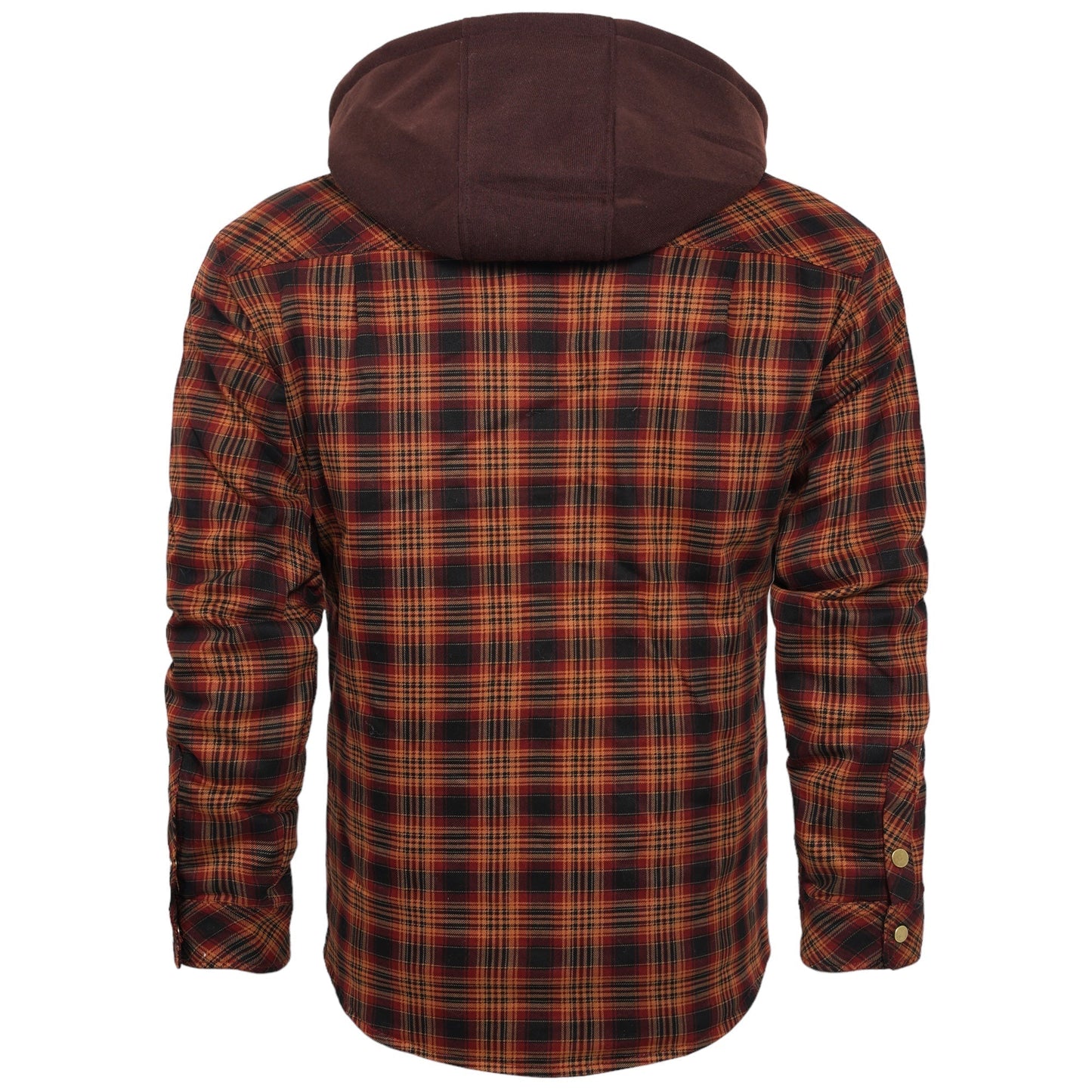 Kariertes Herrenhemd mit Kapuze, rot-schwarz, Baumwolle, Herbstmode, Rückansicht.