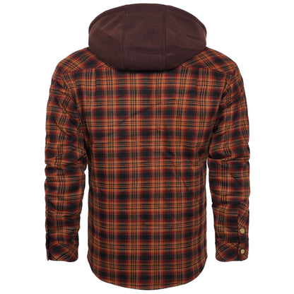 Kariertes Herrenhemd mit Kapuze, rot-schwarz, Baumwolle, Herbstmode, Rückansicht.