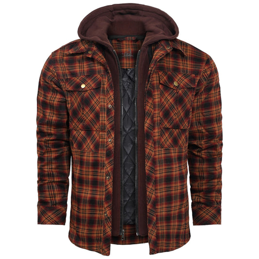Rot-schwarz karierte Herrenjacke mit Kapuze, gefüttert, Baumwolle, Freizeitmode.