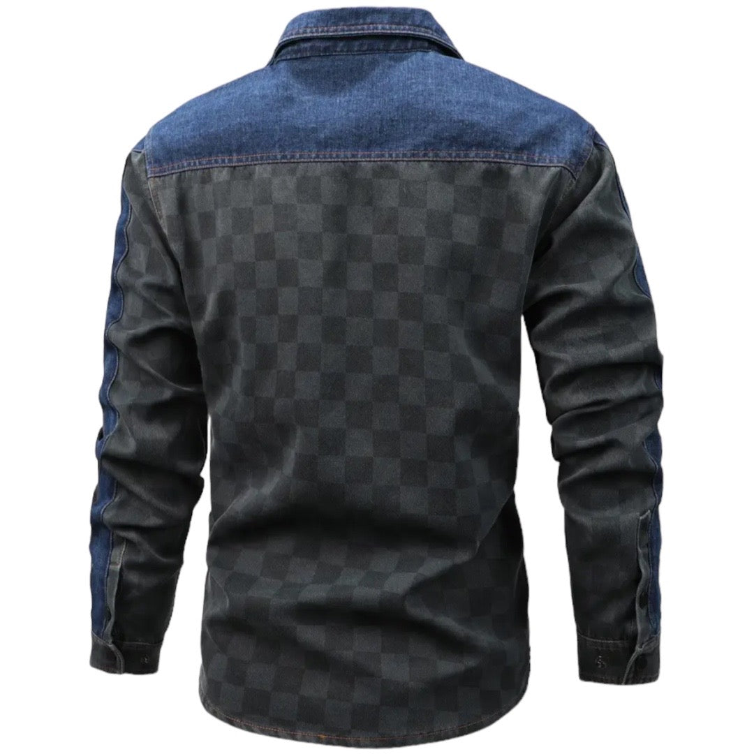Herrenhemd kariert, schwarz-blau, Denim, Langarm, modisch, Freizeitkleidung, Rückansicht.