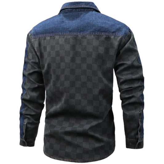 Herrenhemd kariert, schwarz-blau, Denim, Langarm, modisch, Freizeitkleidung, Rückansicht.