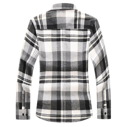 Schwarz-weiß kariertes Flanellhemd, langärmelig, Herrenmode, Rückansicht.