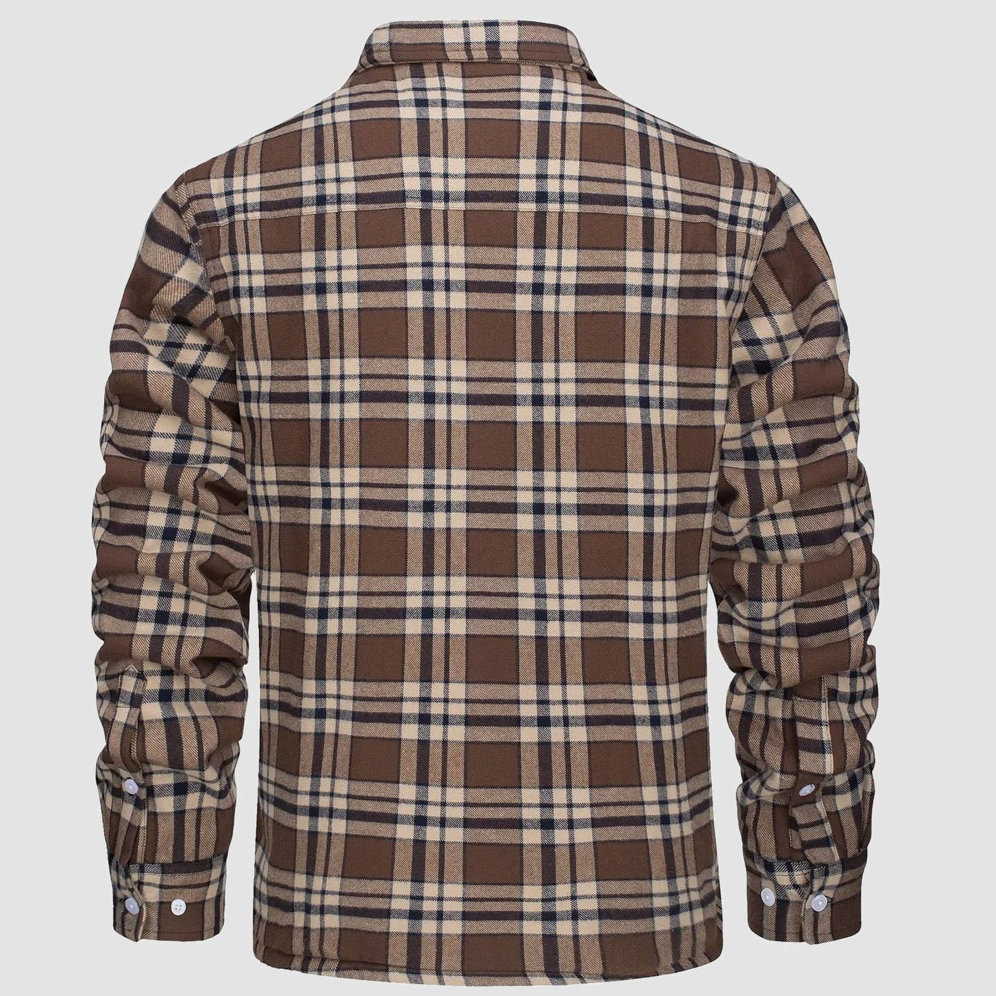 Kariertes Herrenhemd aus Flanell, braun-beige, langärmelig, Rückansicht, modisch, bequem.
