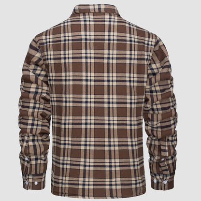 Kariertes Herrenhemd aus Flanell, braun-beige, langärmelig, Rückansicht, modisch, bequem.