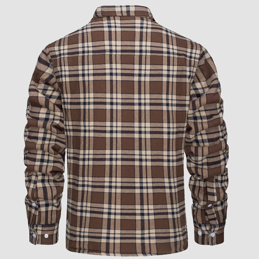 Kariertes Herrenhemd aus Flanell, braun-beige, langärmelig, Rückansicht, modisch, bequem.