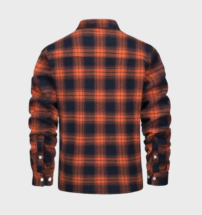 Orange-schwarzes kariertes Flanellhemd, langärmelig, Herrenmode, Rückansicht.