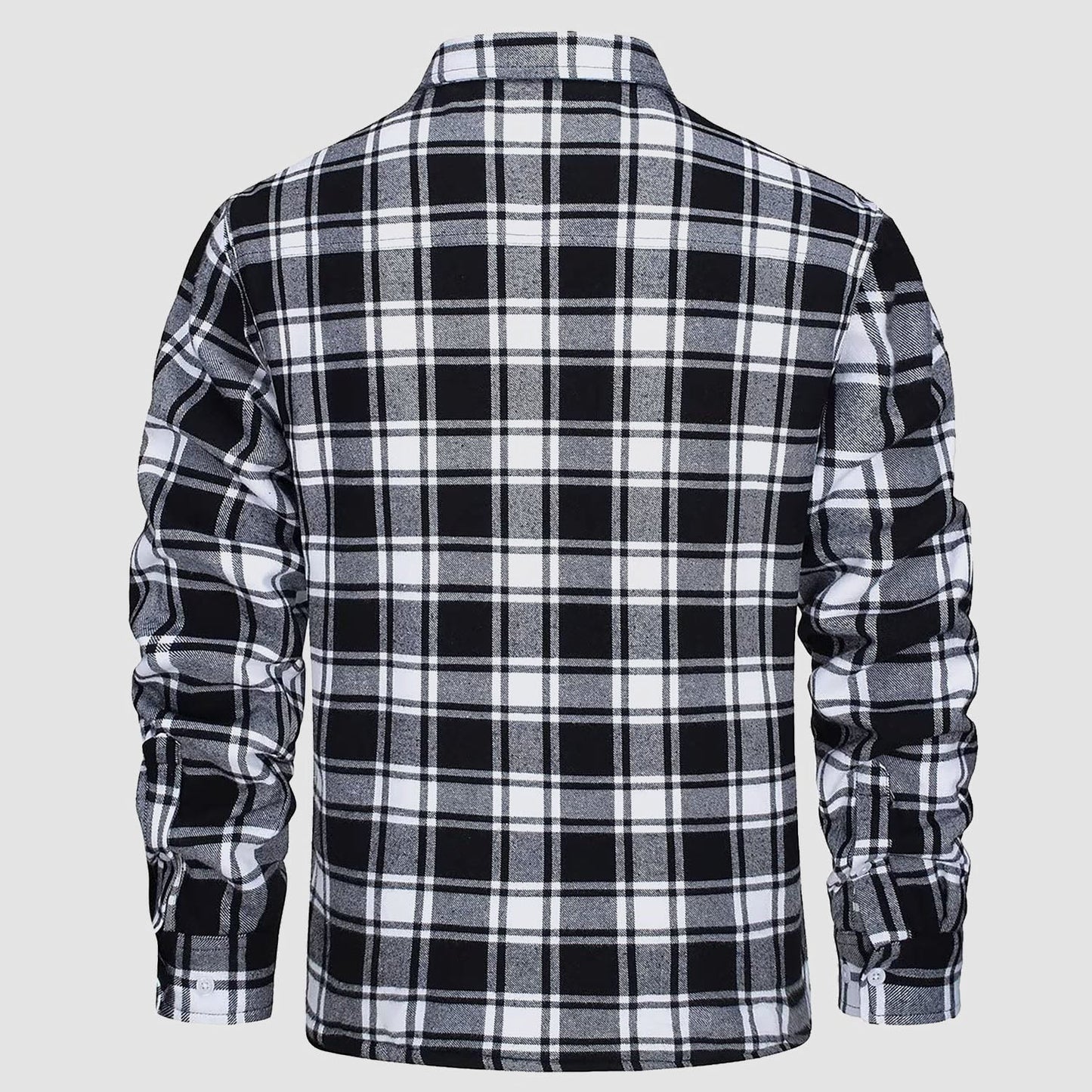 Schwarz-weiß kariertes Flanellhemd, langärmelig, Herrenmode, Freizeitkleidung.
