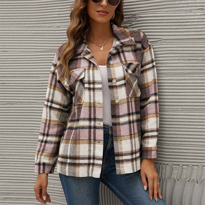 Damen Karohemdjacke, lila-beige, Baumwolle, lässig, Herbstmode, mit Taschen.