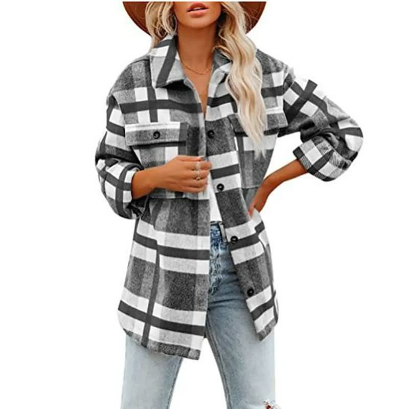 Damen Karohemdjacke, schwarz-weiß, langärmelig, Freizeitmode, Herbstbekleidung.
