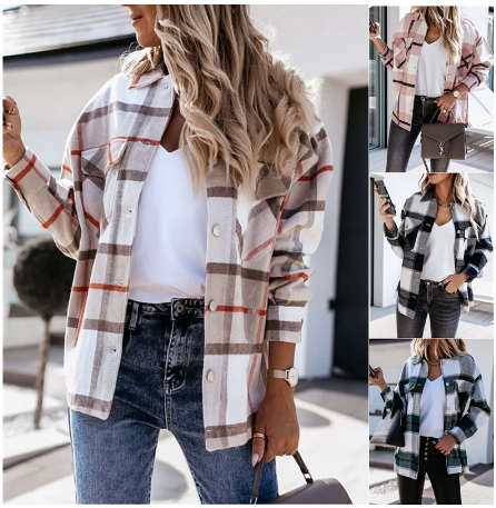 Damen Karohemdjacke, beige-rot kariert, lässig, Herbstmode, Langarm, Knopfleiste.