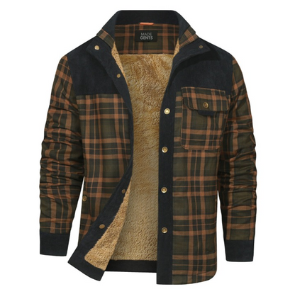Braune karierte Herrenjacke mit Fleece-Futter, Knopfleiste und Brusttasche.