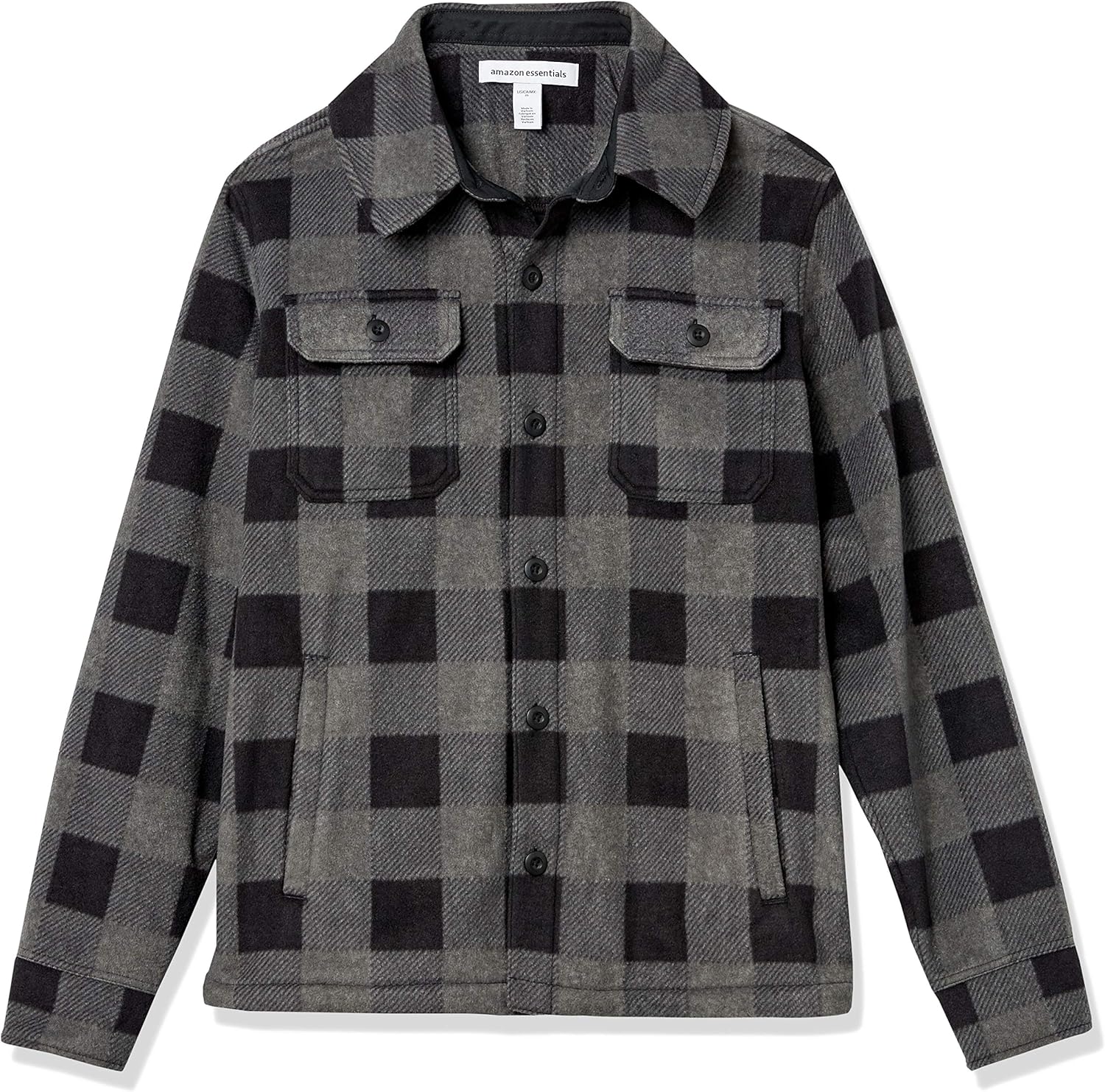 Graue karierte Herrenjacke, Flanell, Knopfleiste, Brusttaschen, Herbstmode, warm, stilvoll.