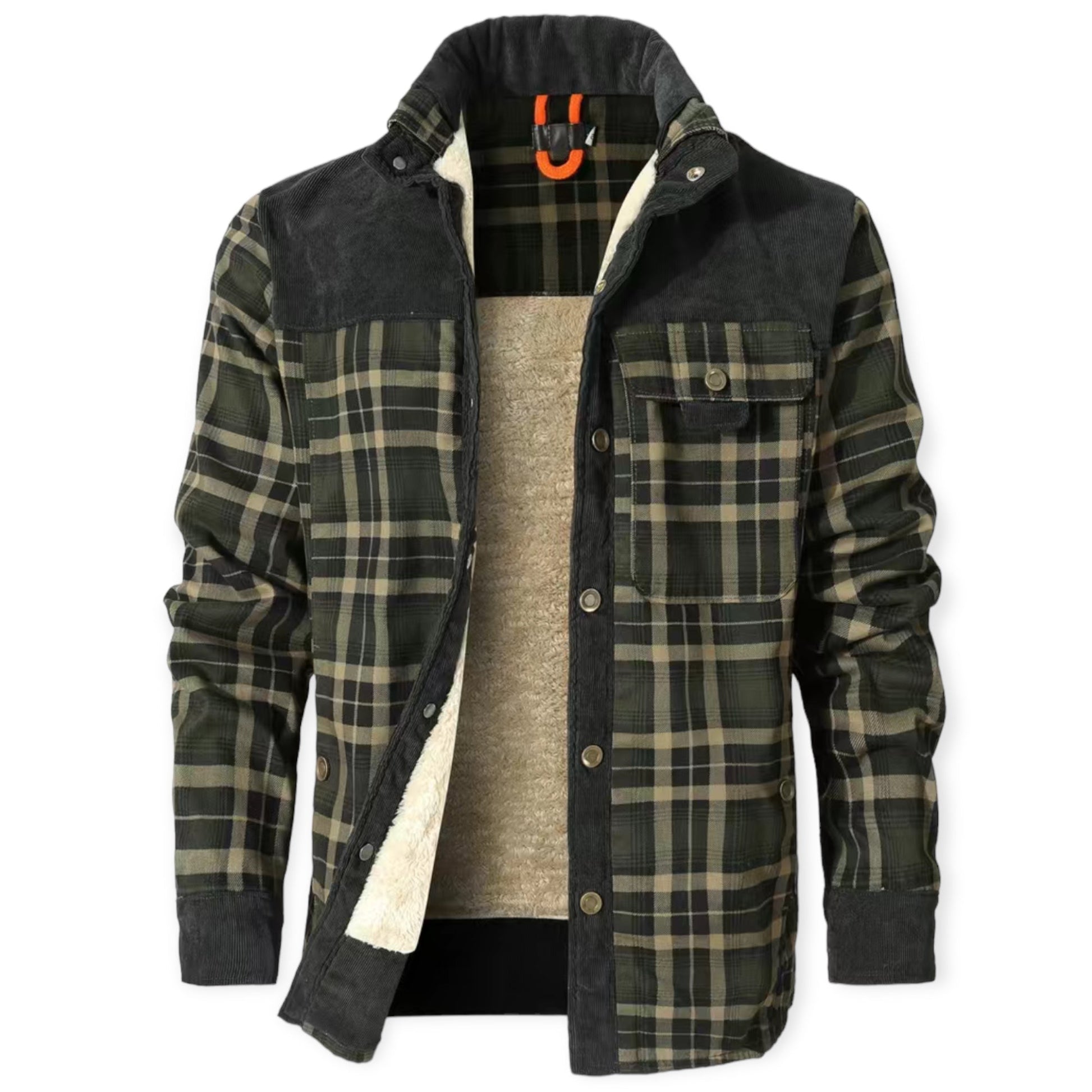 Grüne karierte Herrenjacke mit Fleece-Futter, Knopfleiste und Brusttasche.