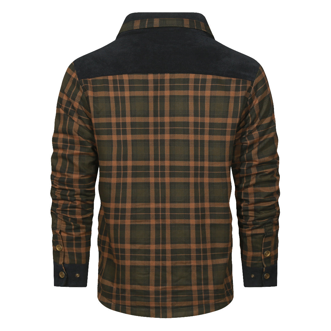 Kariertes Hemdjacke, marineblau-sandfarben, Baumwolle, Herrenmode, Rückansicht.