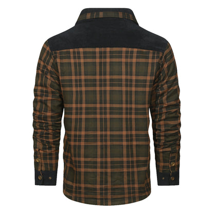 Kariertes Hemdjacke, marineblau-sandfarben, Baumwolle, Herrenmode, Rückansicht.