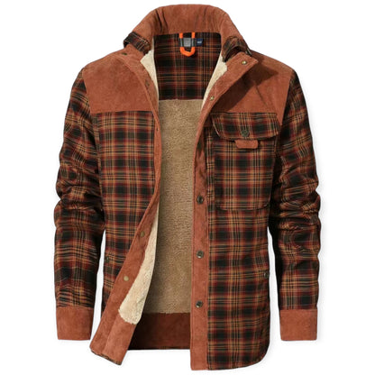 Herren Flanellhemd mit Fleece-Futter, kariert, braun, warm, Wintermode, Outdoor-Bekleidung.
