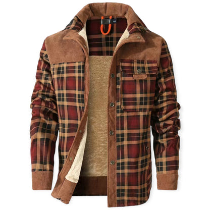 Herren Flanelljacke kariert braun-rot, warm gefüttert, mit Taschen, Herbstmode.