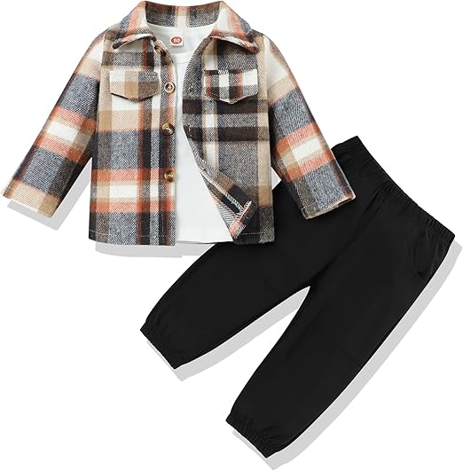 Kariertes Kinderjacken-Set mit schwarzer Hose, Herbstmode, Baumwolle, bequem, stilvoll.