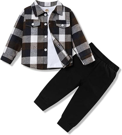 Kariertes Kinderhemd mit Knöpfen und schwarze Jogginghose, Baumwolle, Herbstmode-Set.