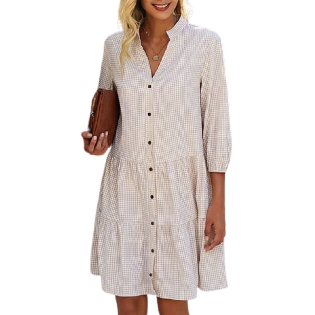 Damen Sommerkleid kariert beige, Knopfleiste, 3/4-Ärmel, Freizeitmode, elegant.