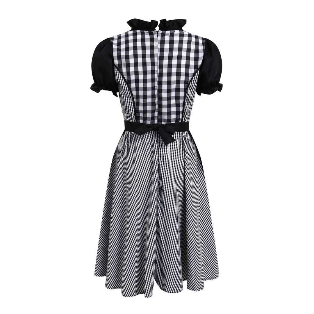 Schwarz-weiß kariertes Kleid, Vintage-Stil, Puffärmel, Schleife, Damenmode, Retro-Look.